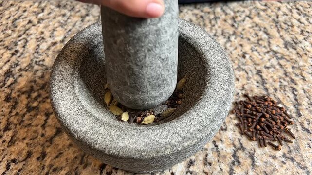 Grinding fragrant spices in mortar and pestle to make masala chai beverage recipe tutorial food and drink