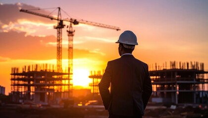 A construction supervisor watches the sunset over a building project site.