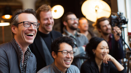 Fototapeta premium photo of a creative team collaborating in a studio, candid laughter, people adjusting lights or cameras