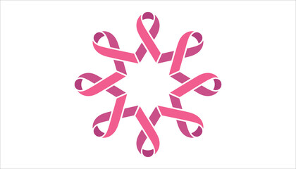 Eight pink ribbon loops forming a circular starburst pattern on a white background breast cancer awareness