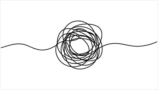 Black tangled scribble line with wavy ends on white background abstract chaos