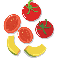 Vibrant Red Tomatoes and Yellow Slices On Transparent Background With Subtle Shadows