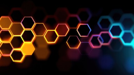 A vibrant, abstract background featuring a grid of hexagonal shapes in shades of orange, blue, and purple, with a black background and a blurred, bokeh effect in the foreground.