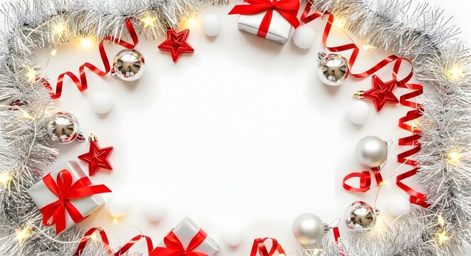 Festive christmas wreath frame with silver tinsel red bows and ornaments