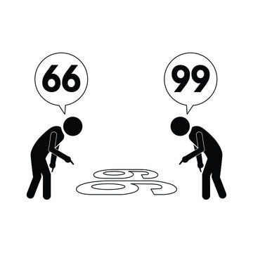 Two person arguing the number on the floor weather it is 66 or 99. Vector illustration depict concept of point of view, viewpoint, different perception perspective, silly argument, and disagreement