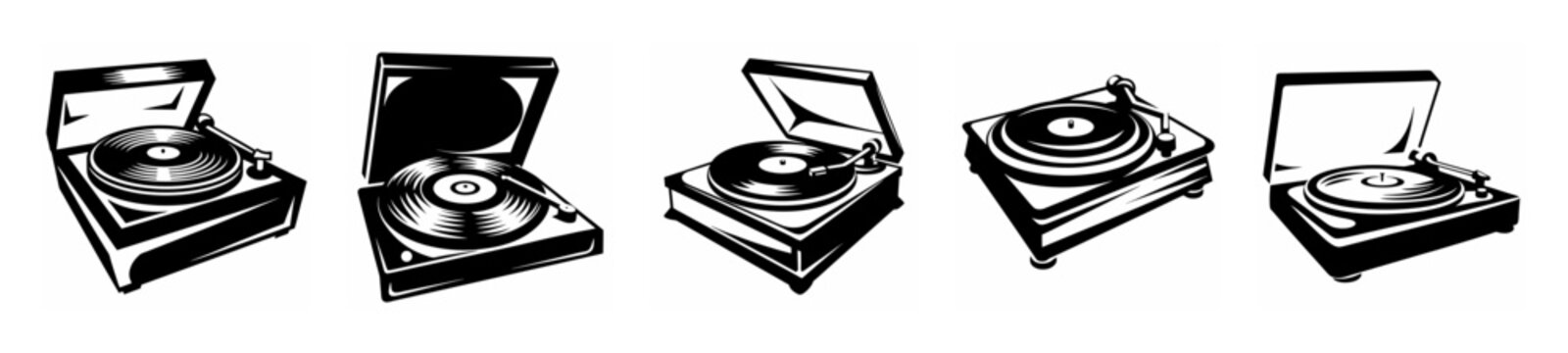 Collection of vintage record player icons in a sketchy artistic style perfect for music retro designs