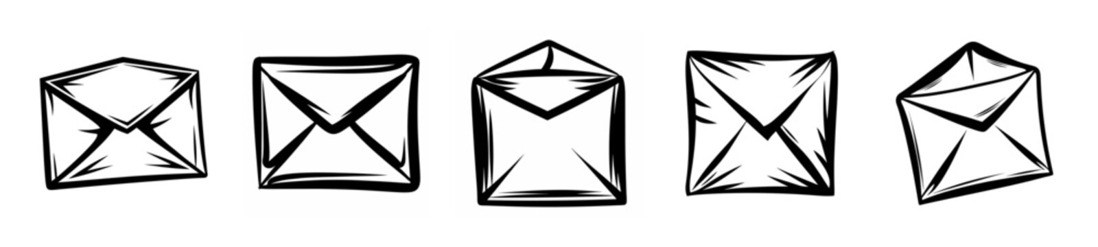 Collection of five hand-drawn envelopes in various orientations showing mail communication concepts
