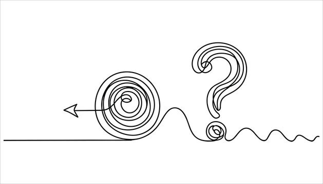 Black line drawing of a question mark and a tangled spiral with an arrow on a white background line art