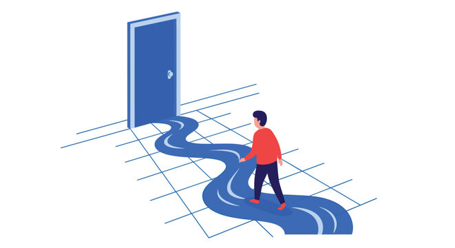 Man follows a winding blue path, resembling a river, that flows out from a door, symbolizing a journey or new opportunity.