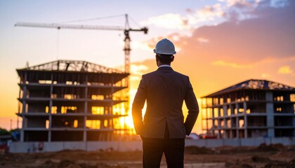 Engineer surveys construction site at sunset, wearing hardhat and suit jacket.