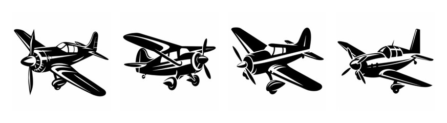 Four vintage propeller aircraft in dynamic poses showing classic aviation design