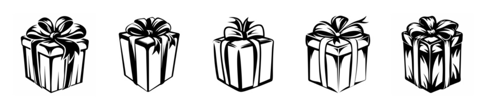 Collection of five festive gift boxes with ribbon bows creating a celebratory pattern perfect for holidays and special occasions