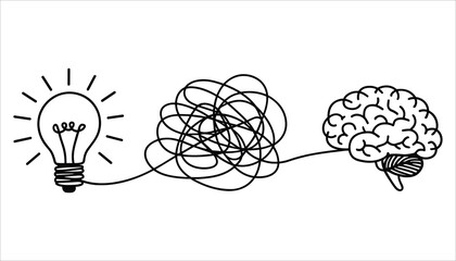 Black and white illustration of a light bulb connected by a tangled line to a human brain idea connection