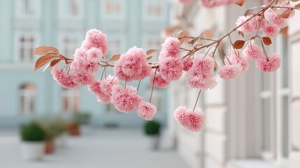 Close up of pink cherry blossoms in full bloom hanging from a branch with delicate brown leaves in soft daylight with a blurred building facade and green bushes in the background