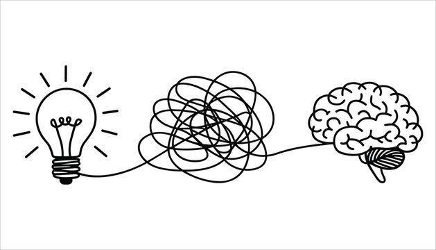 Black and white illustration of a light bulb connected by a tangled line to a human brain idea connection