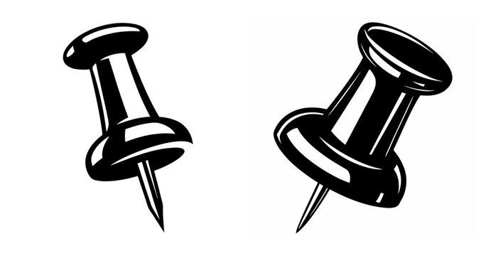 Two glossy black push pins shown isolated on a with sharp metal points facing down