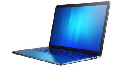 Modern laptop with blue screen isolated on transparent background, technology concept