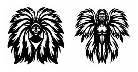 Obraz premium Intriguing tribal spirit figures with elaborate feathered headdresses and wings graphic design elements