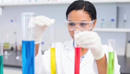 Scientist in lab coat and safety glasses examines colorful liquid in test tubes.