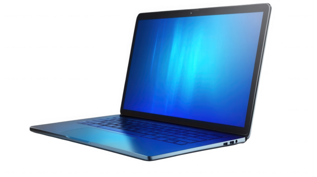 Modern laptop with blue screen isolated on transparent background, technology concept