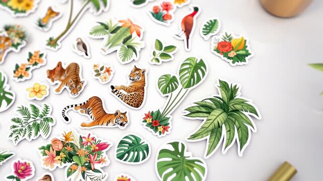 Jungle animal and tropical plant stickers isolated on white background