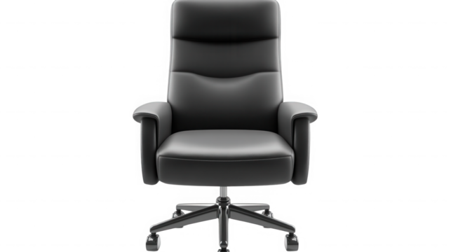Black leather office chair isolated on transparent background for business needs