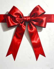 Vivid, realistic portrayal of a bright red, shiny satin ribbon bow