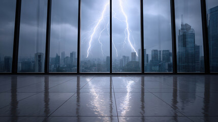 Naklejka premium Dramatic Lightning Striking Cityscape View Through Glass Window During Stormy Weather Overlooking Urban Landscape in High-Rise Building