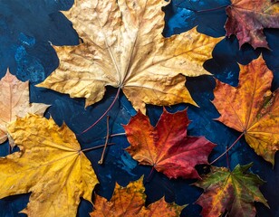 Colorful Autumn Leaves on Dark Blue Background - A Seasonal Display.