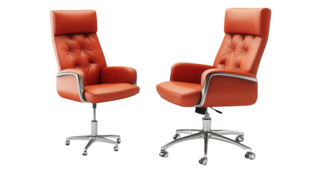 Two orange leather office chairs isolated on transparent background for business