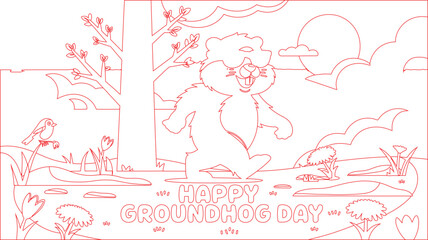 Fototapeta premium Outline Drawing of a Happy Groundhog Day with Groundhog, Bird, Trees, and Clouds