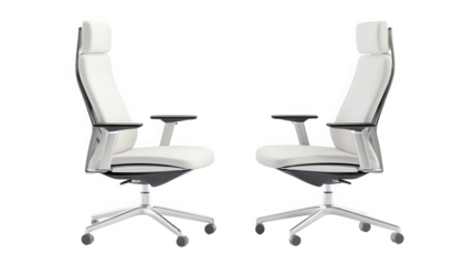 Two modern white leather office chairs isolated on transparent background