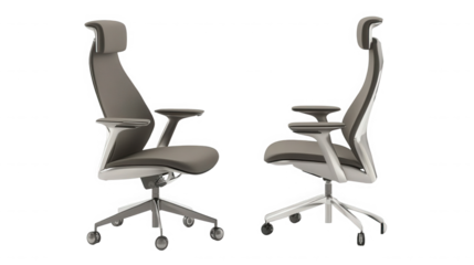Two modern gray leather office chairs isolated on transparent background