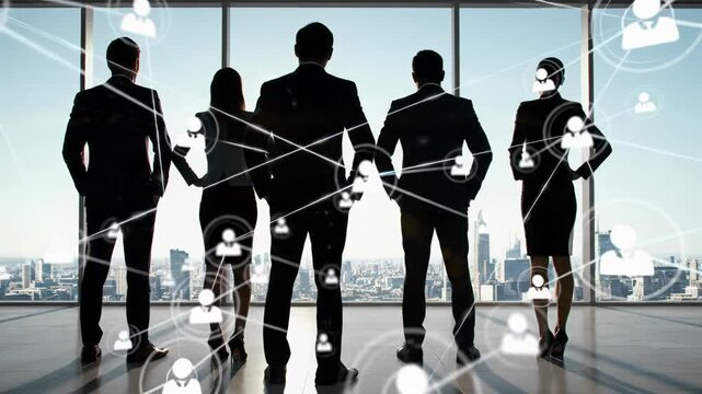 smooth dolly-in video of five diverse business professionals in sharp attire, backs to panoramic high-rise office window overlooking futuristic city. digital network emanates, symbolizing global
