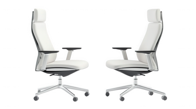 Two modern white leather office chairs isolated on transparent background