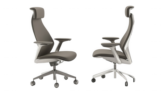 Two modern gray leather office chairs isolated on transparent background