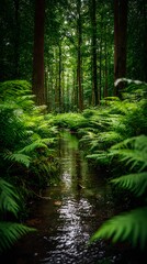 Obraz premium glade with dappled sunlight and carpet of ferns surrounding small sparkling stream