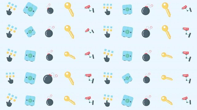 Seamless digital security pattern featuring keys, locks, and icons illustrating cybersecurity, encryption, and protection in a flat graphic style