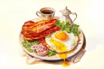breakfast with toast, fried eggs, bacon, vegetables, and coffee on a plate for morning food and restaurant concept