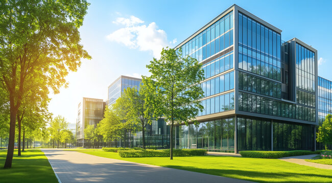 Contemporary office complex features glass facades, vibrant green surroundings, open space, and natural sunlight in city setting.