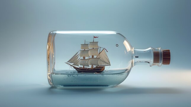 Miniature vintage sailing ship model resting in water inside a corked glass bottle