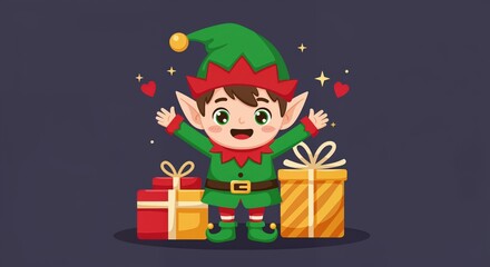 Cheerful Elf with Gifts: A charming elf, brimming with festive cheer, joyfully extends his arms towards a pair of beautifully wrapped gift boxes.