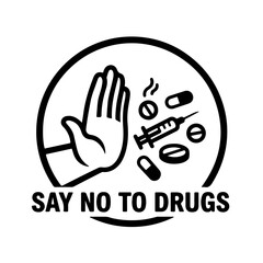 Fototapeta premium Stop Drug Abuse Icon: Simple black and white illustration of an outstretched hand clearly rejecting a pill/tablet, symbolizing a strong 