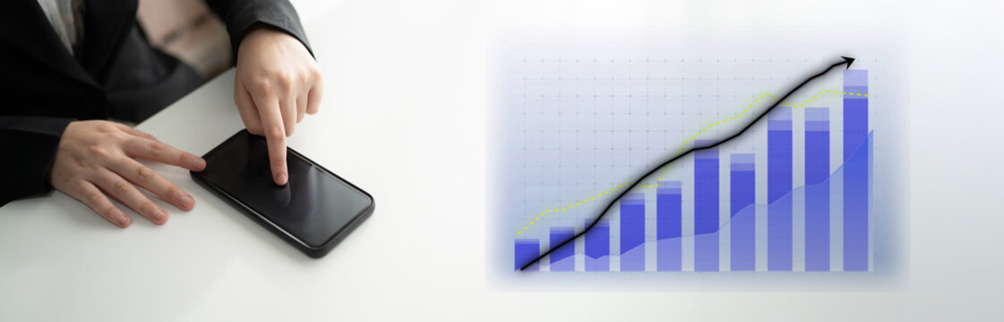 A business professional uses a smartphone to analyze financial data in an office setting, alongside a chart highlighting economic growth and progress. Impute - Powered by Adobe