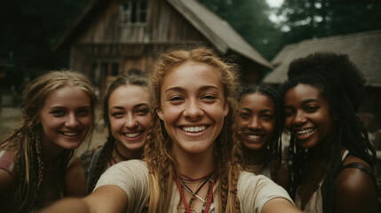 Fototapeta premium Group of young women smiling outdoors in front of rustic wooden cabin