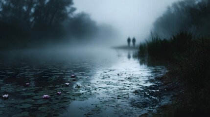 Misty lake scene with water lilies and two distant silhouetted figures walking along the foggy shore at dawn