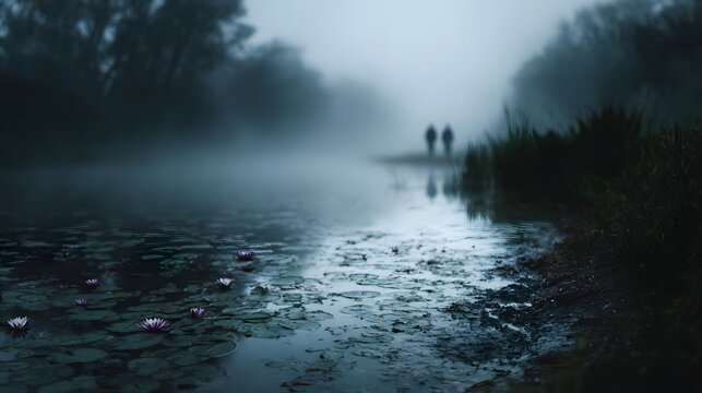 Misty lake scene with water lilies and two distant silhouetted figures walking along the foggy shore at dawn