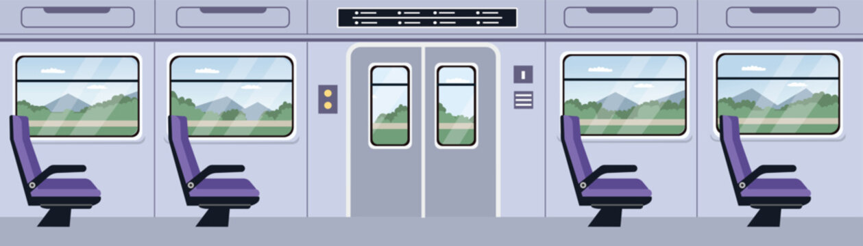 Empty Train Interior with Scenic Window View. First Class Train Seat Interior. Empty Train Seat by the Window. Classic Train Bench Seat.