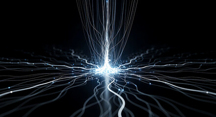 Abstract glowing blue light trails spreading from central bright point energy