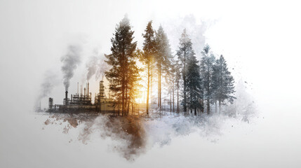 Industrial Structures Overlapping with Forest Scene Creating a Unique Contrast of Nature and Industry in an Ethereal Landscape
